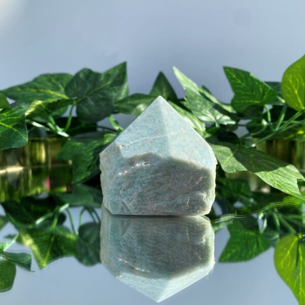 amazonite rough tower crystal on mirror surface with green leaves behind it