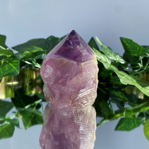 amethyst rough tower crystal on mirror surface with green leaves behind it