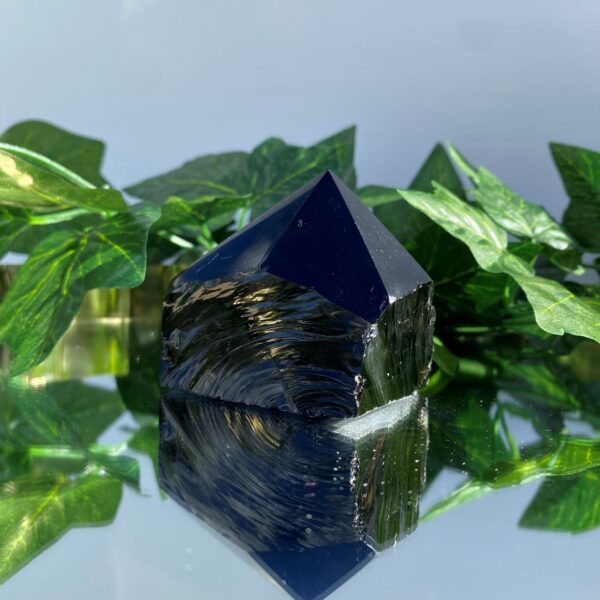 black obsidian rough tower crystal on mirror surface with green leaves behind it