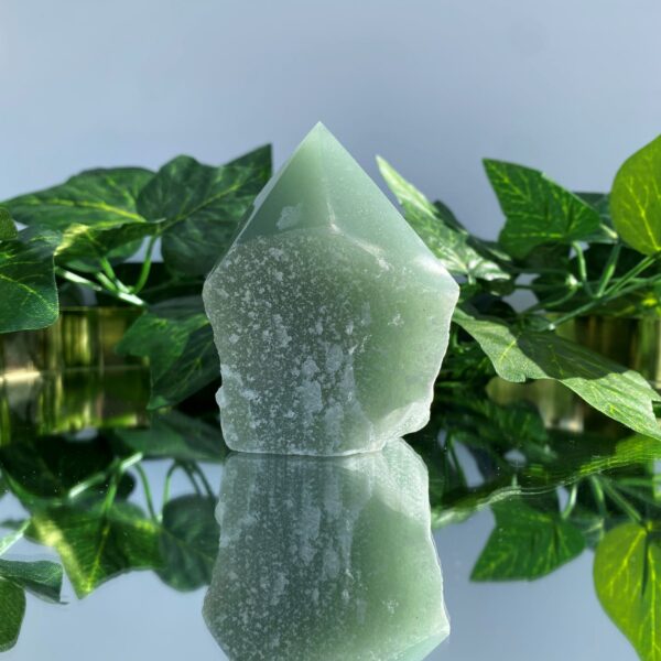 green aventurine rough tower crystal on mirror surface with green leaves behind it