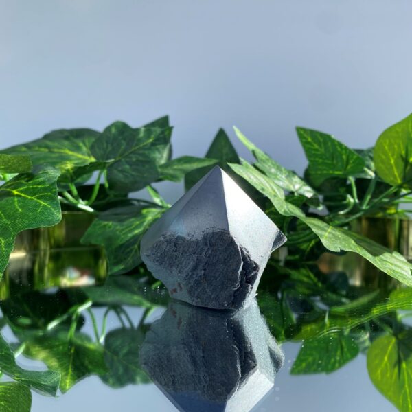 hematite rough tower crystal on mirror surface with green leaves behind it