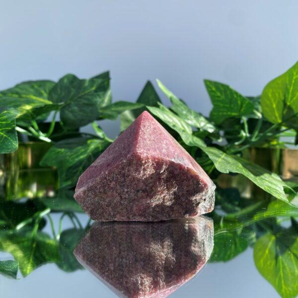 rhodonite rough tower crystal on mirror surface with green leaves behind it